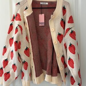 Smash + Tess Red and Cream Knit Strawberry Cardigan 3X NWT